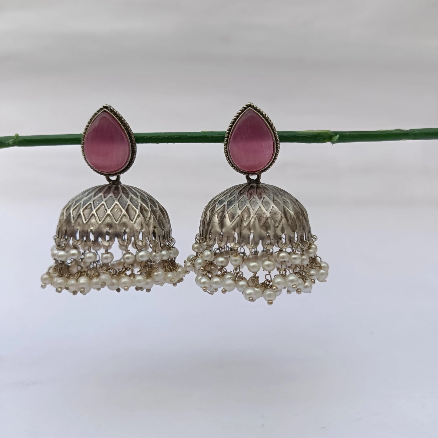 Chandni pearl jhumka blush pink antique silver earrings