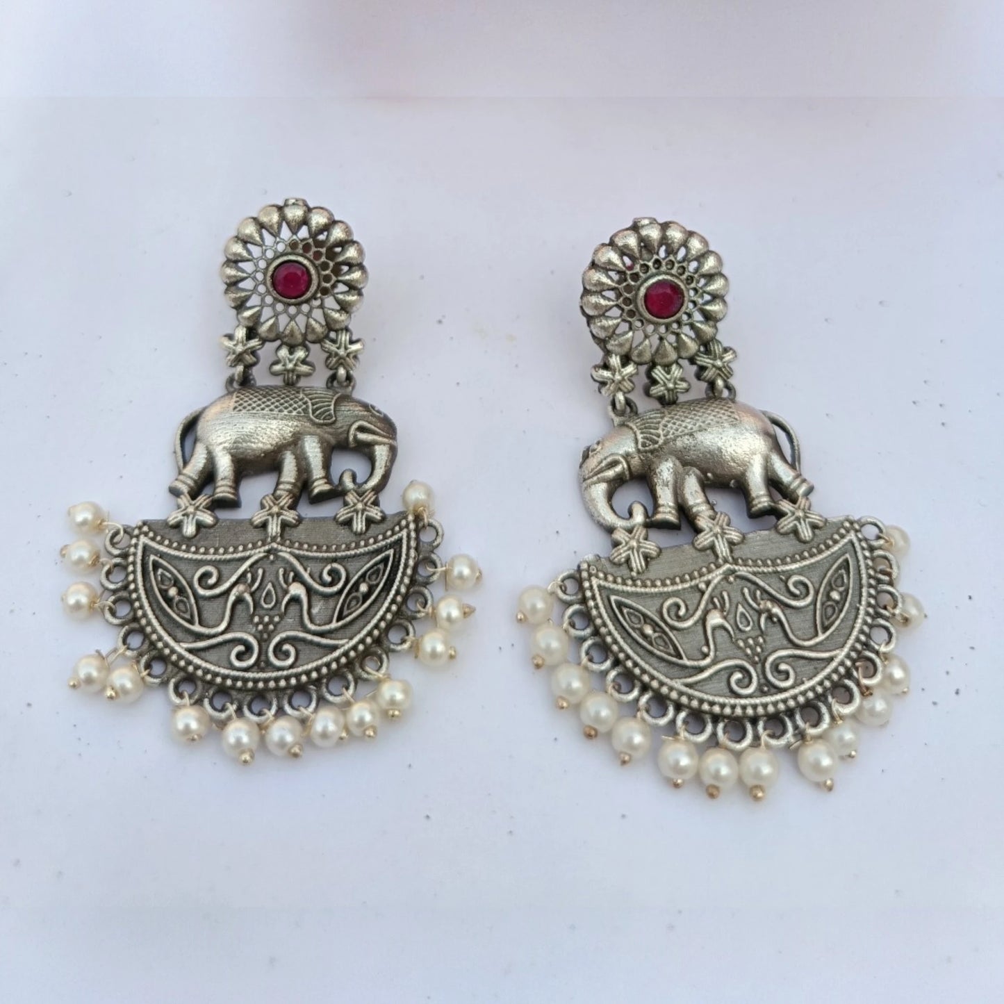 Gajraj pearl dangler antique silver elephant motif earrings