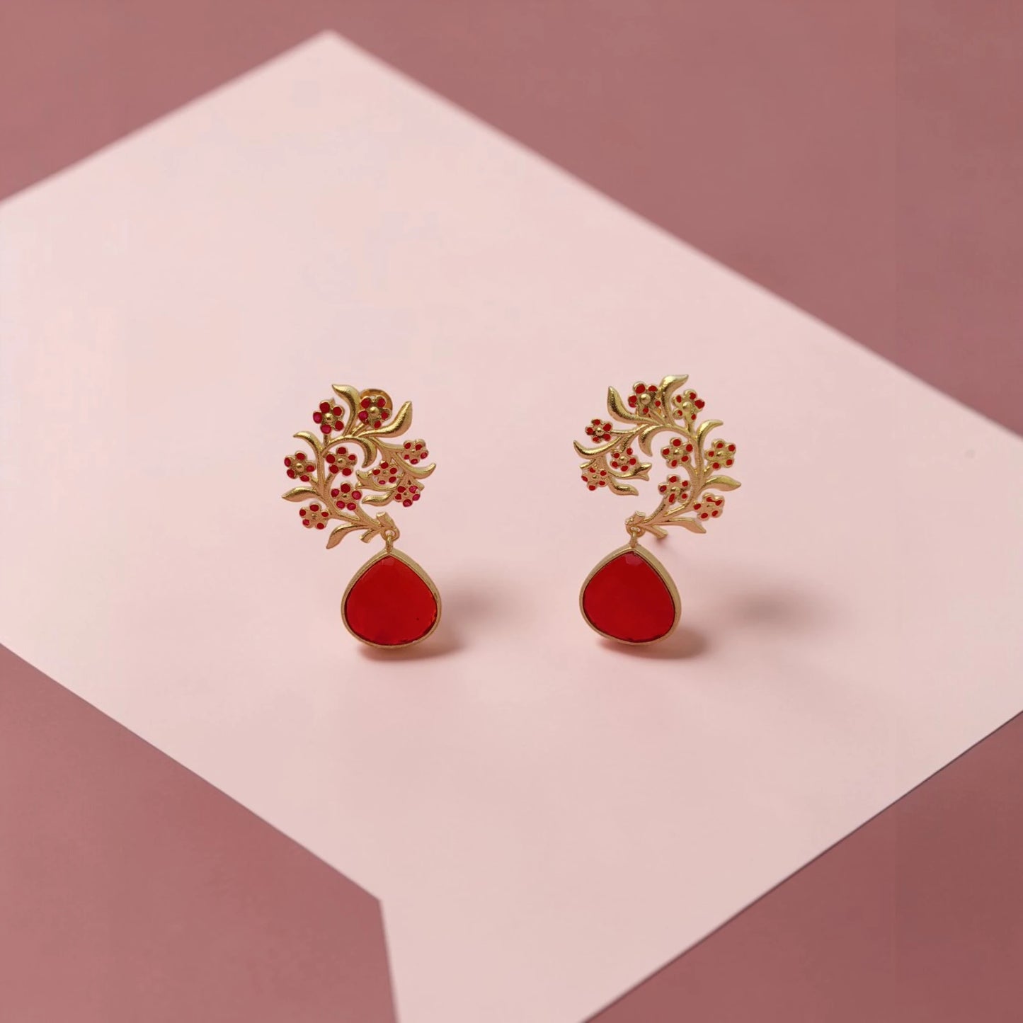 ruby red floral dangler earrings lightweight AI