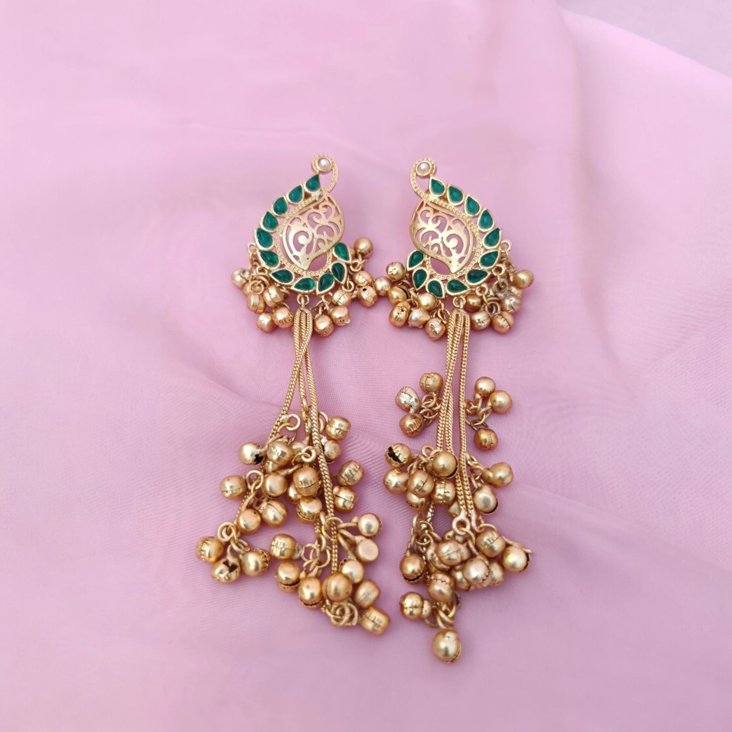 kashmiri emerald paisley dangler earrings ghungroo