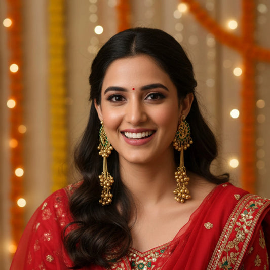 kashmiri emerald paisley dangler earrings ghungroo Model pic