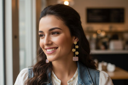 Blush aura matte gold geometric danglers with blush pink stone Meeturstyle Model Shoot