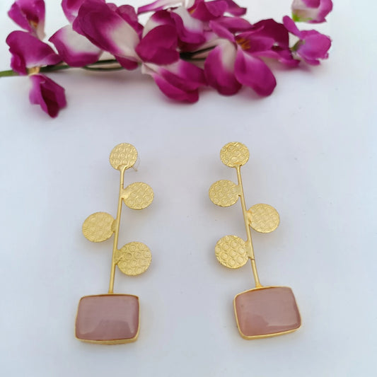 Blush aura matte gold geometric danglers with blush pink stone Meeturstyle