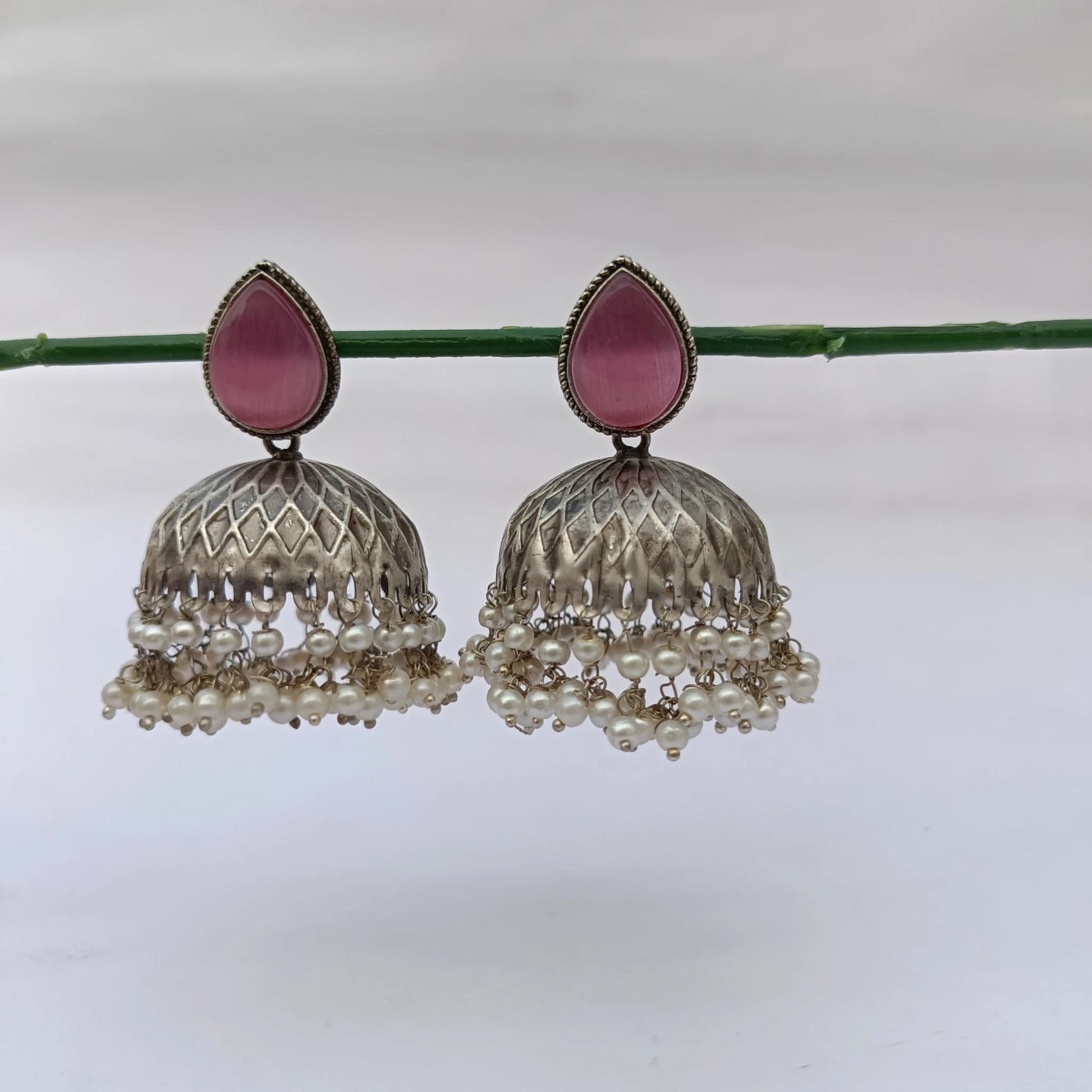 Chandni pearl jhumka blush pink antique silver earrings