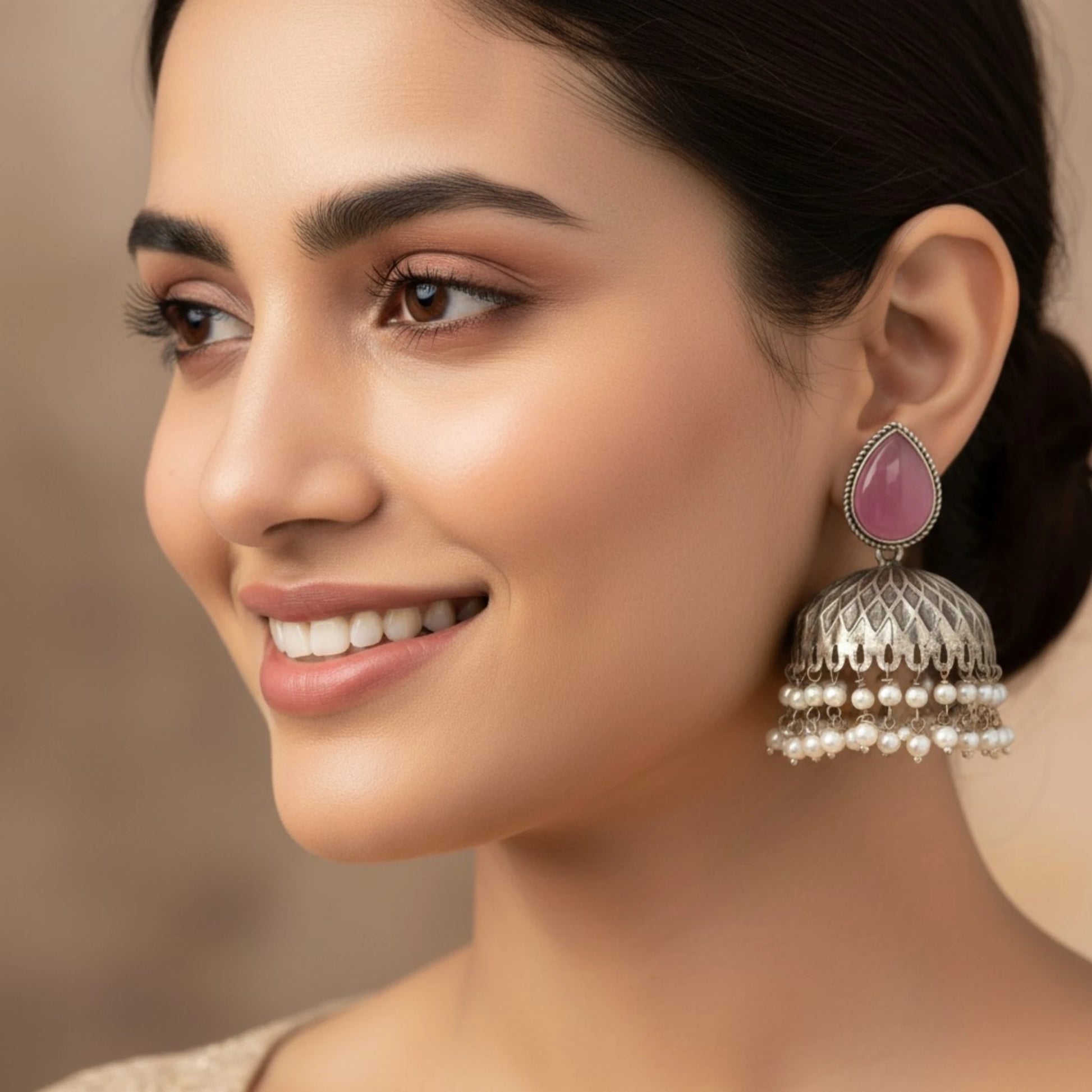 Chandni pearl jhumka blush pink antique silver earrings Model pic