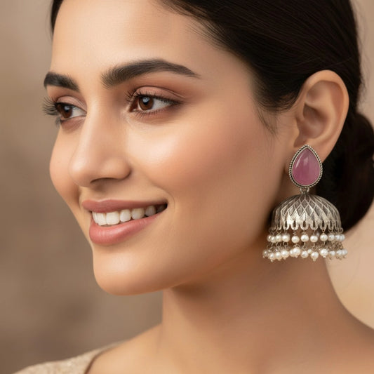 Chandni pearl jhumka blush pink antique silver earrings Model pic