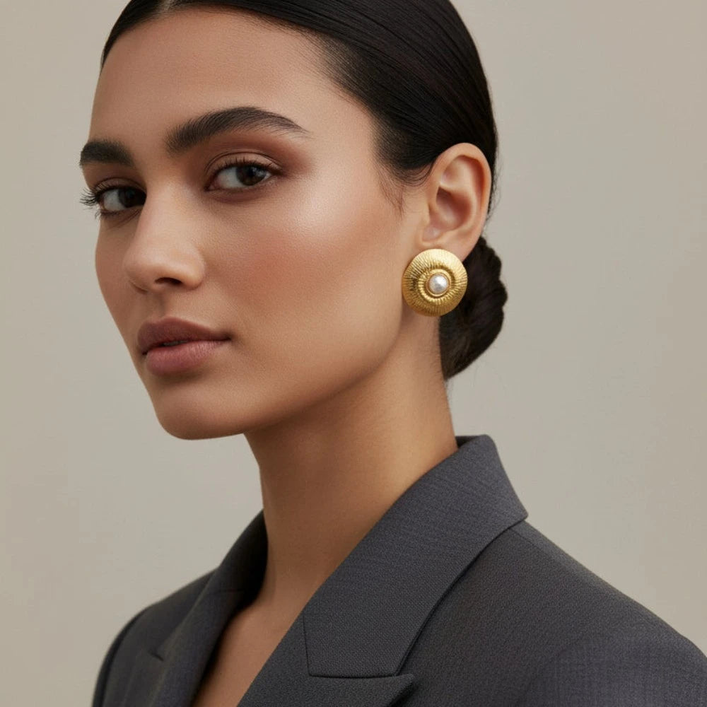 Elara anti-tarnish gold stud earrings styled on model