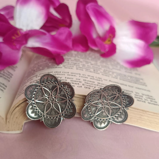 Floral oxidized silver stud earrings antique finish