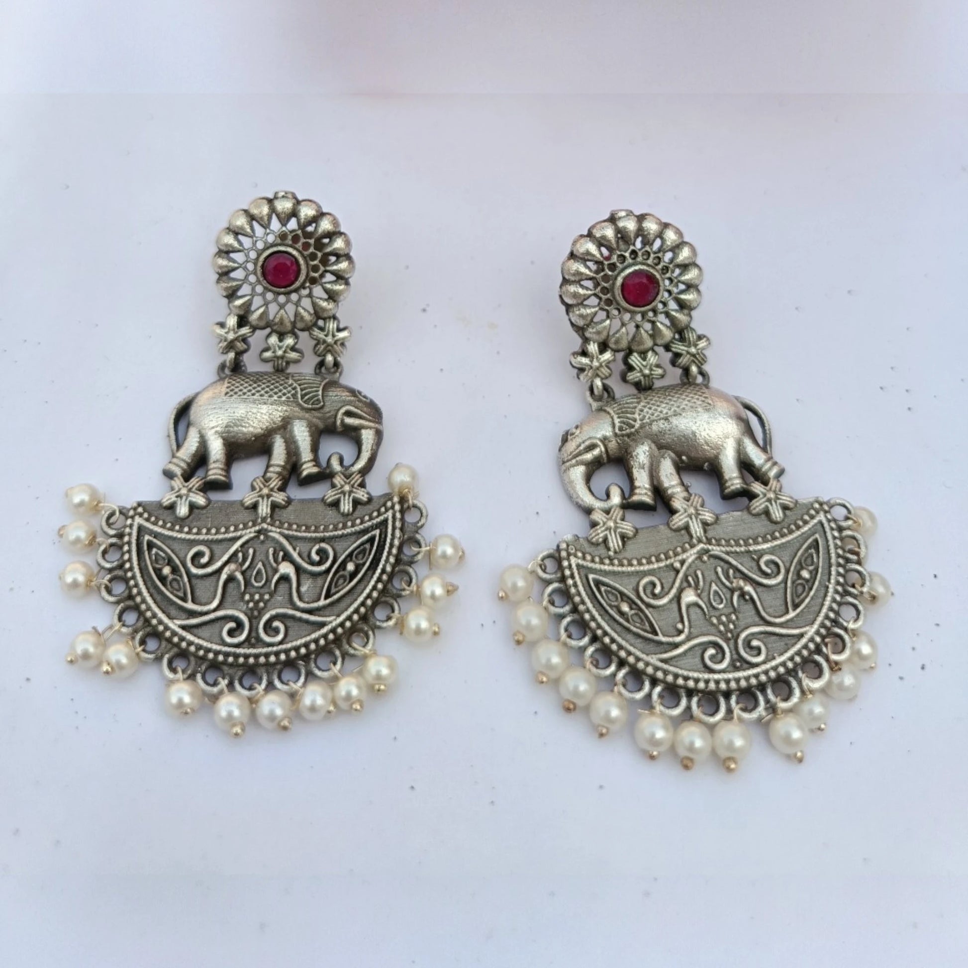Gajraj pearl dangler antique silver elephant motif earrings