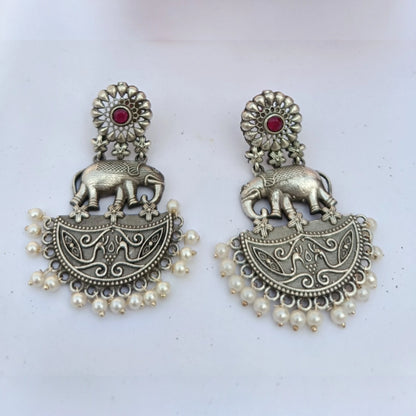 Gajraj pearl dangler antique silver elephant motif earrings