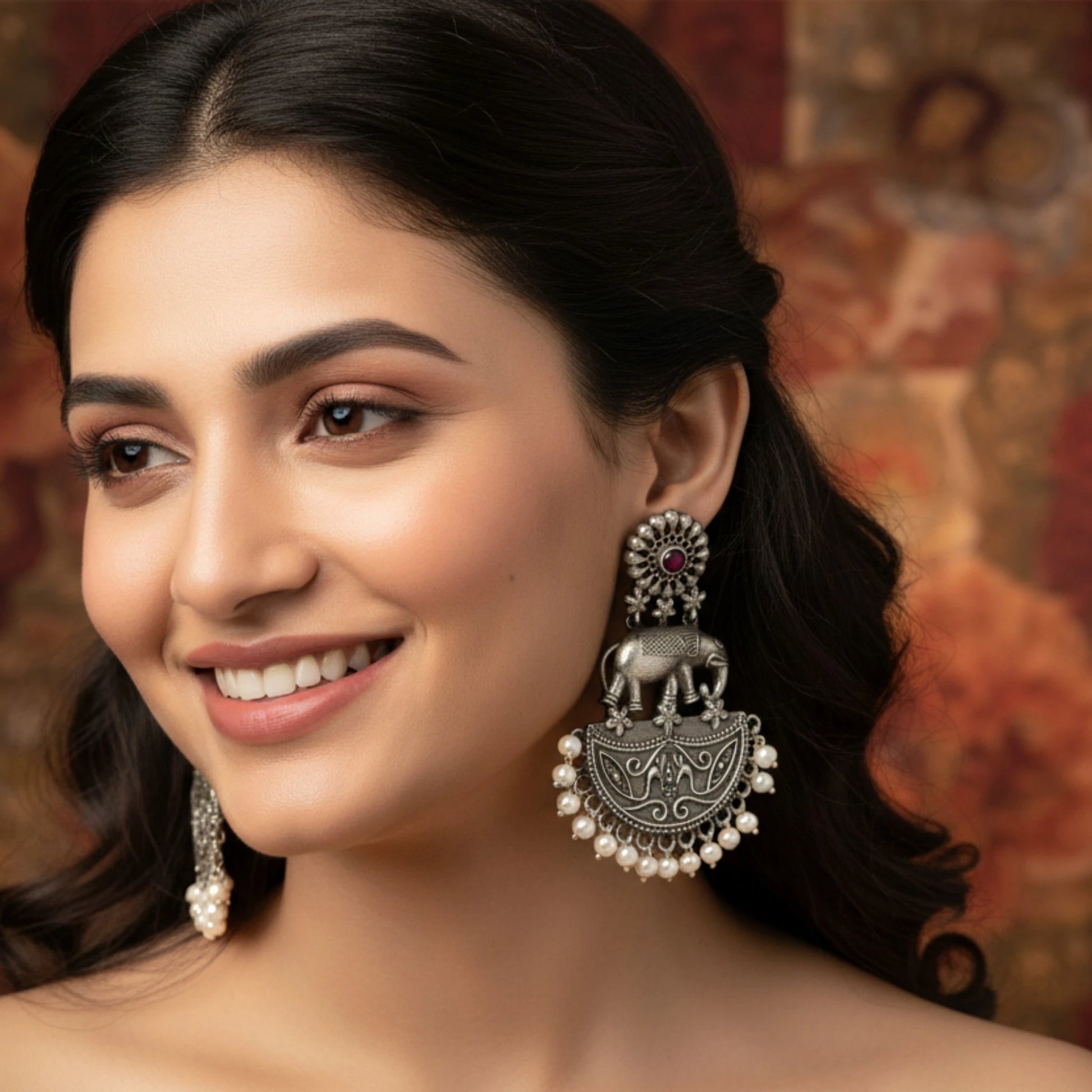 Gajraj pearl dangler antique silver elephant motif earrings Odel pic