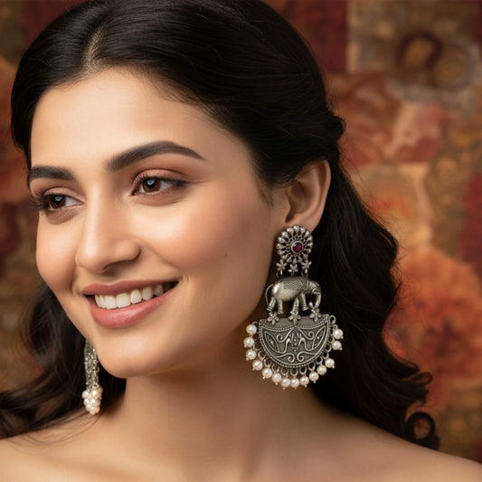 Gajraj pearl dangler antique silver elephant motif earrings Odel pic