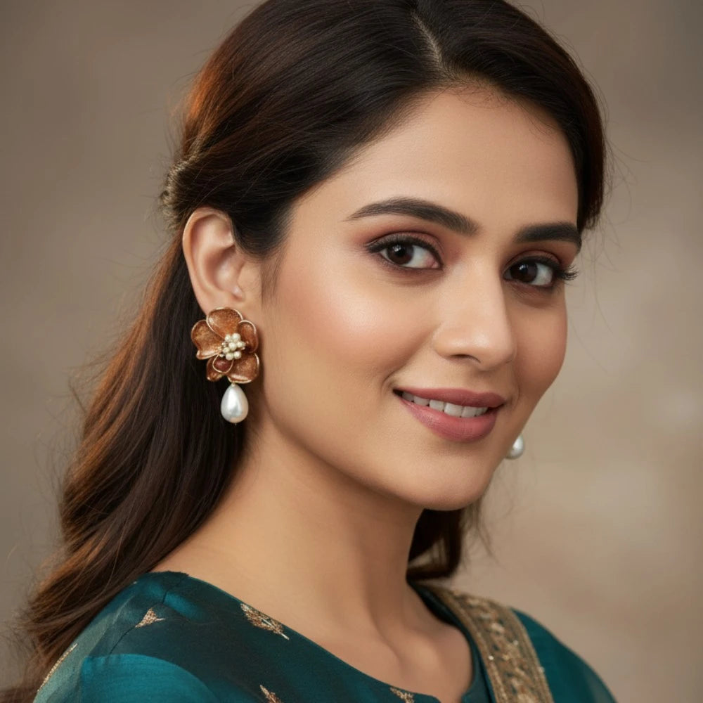 Gul Pearl Drops floral pearl dangler earrings – Meeturstyle Model ethnic