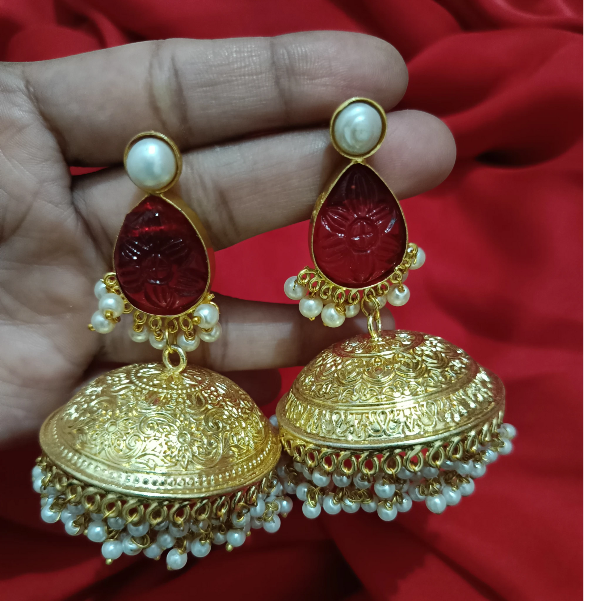 Gulnar red jhumka ethnic earrings  – Meeturstyle