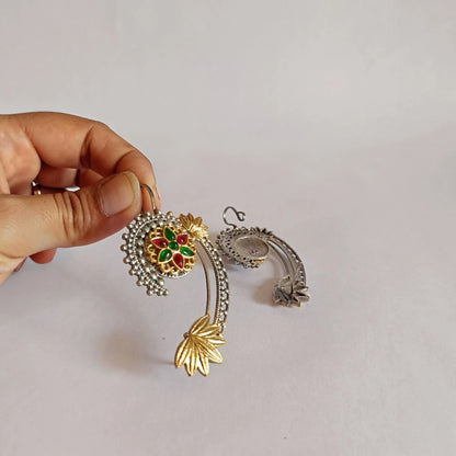 Gulnaaz Earcuff with green and pink stones and gold leaf detailing