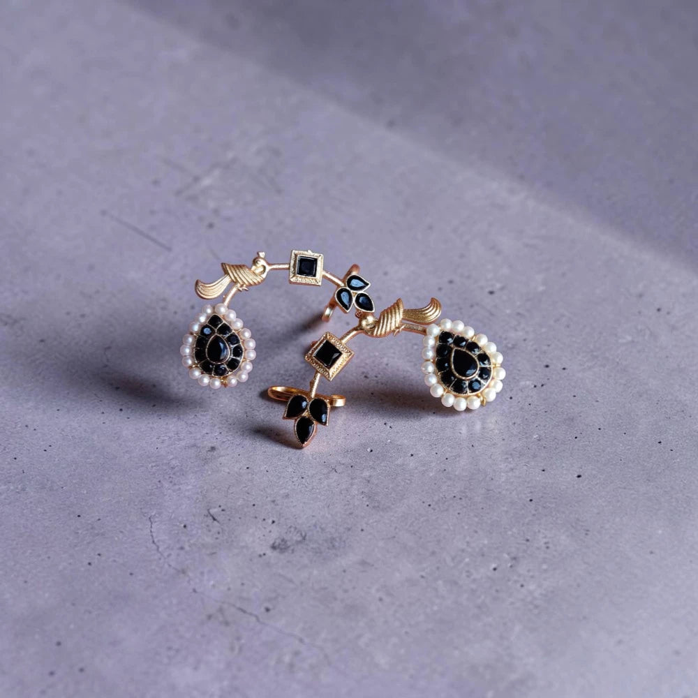 Kajal Earcuff with black stones, pearls and gold leaf detailing 1