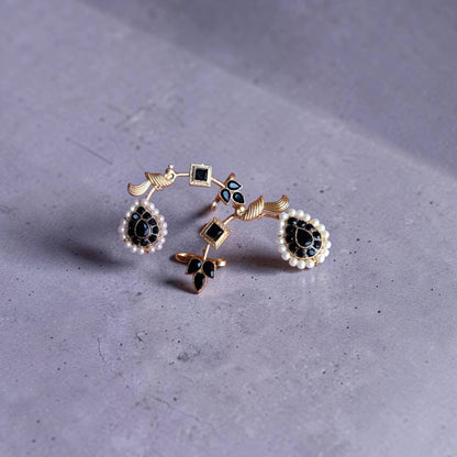 Kajal Earcuff with black stones, pearls and gold leaf detailing 1