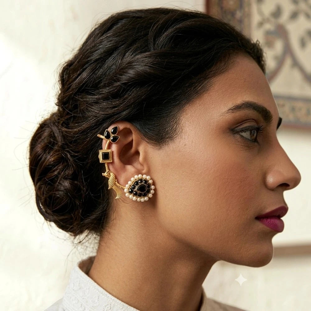 Kajal Earcuff featuring black floral stones, pearls and gold accents