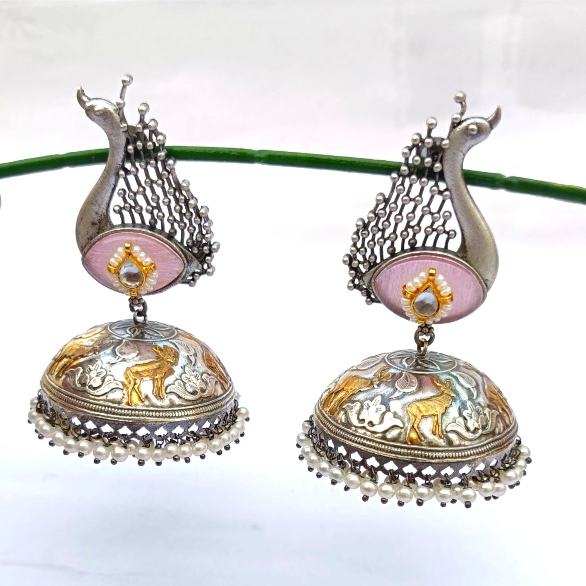 Mayur adah peacock jhumka antique silver statement earrings
