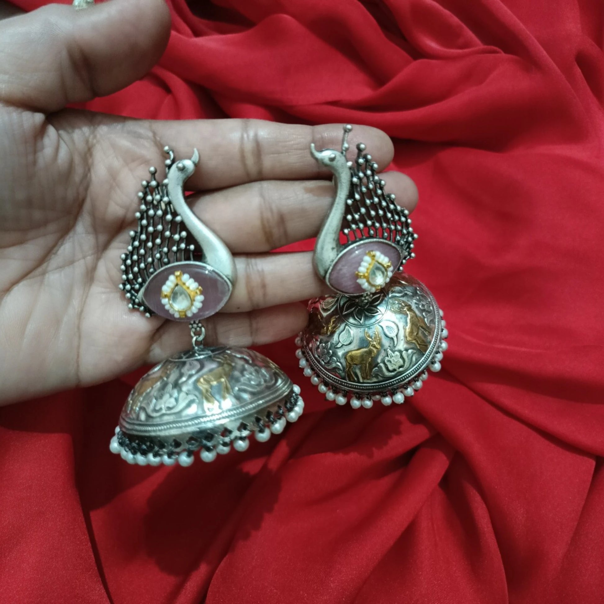 Mayur adah peacock jhumka antique Dual tone statement earrings 