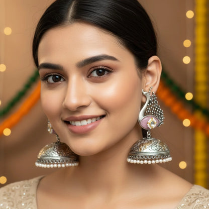 Mayur adah peacock jhumka antique silver statement earrings Model Shoot
