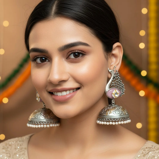 Mayur adah peacock jhumka antique silver statement earrings Model Shoot