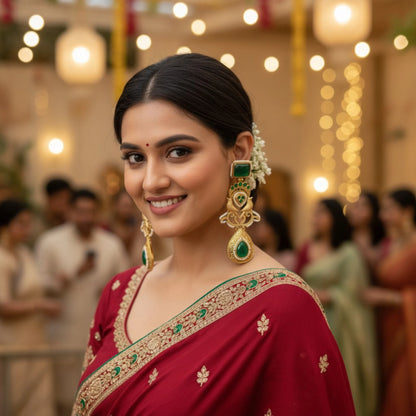 Mayuri emerald heritage peacock dangler earrings Model Pic