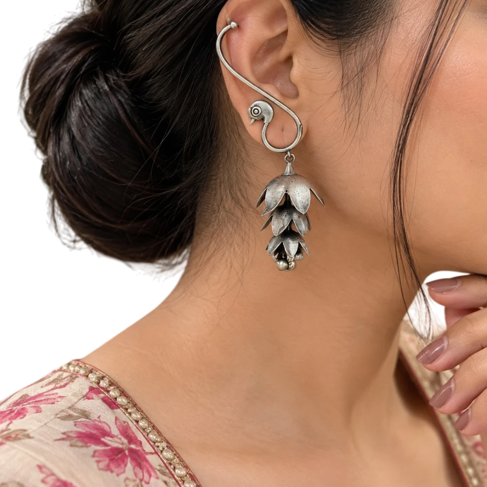 Mayurika silver peacock earcuff with 3-layer jhumka and ghunghroo detailing model
