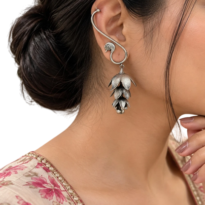 Mayurika silver peacock earcuff with 3-layer jhumka and ghunghroo detailing model
