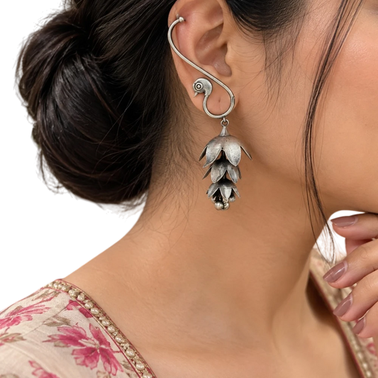 Mayurika silver peacock earcuff with 3-layer jhumka and ghunghroo detailing model