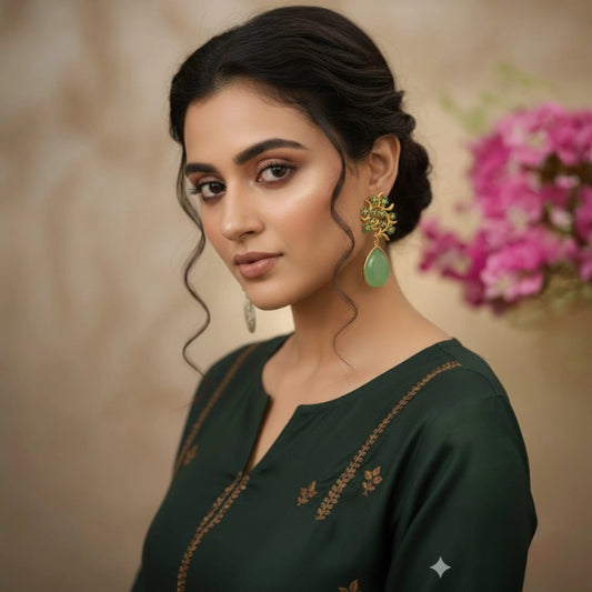 mint green floral dangler earrings lightweight Model shot