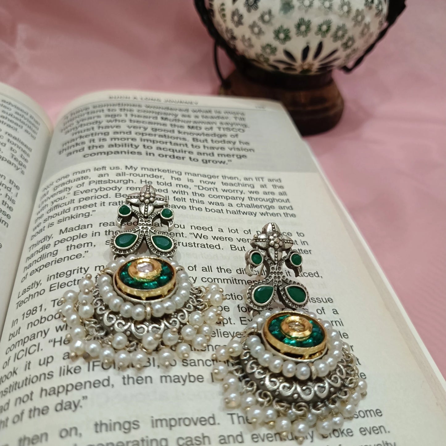 Meher pearl emerald dangler oxidized festive earrings