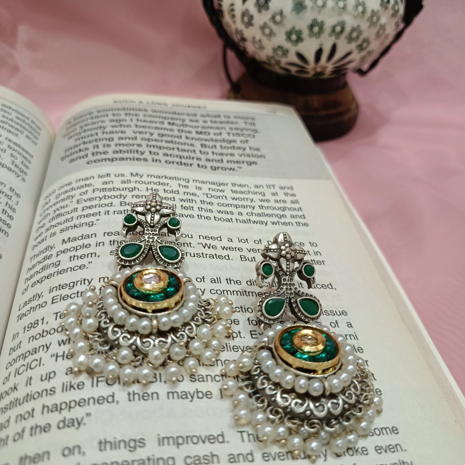 Meher pearl emerald dangler oxidized festive earrings