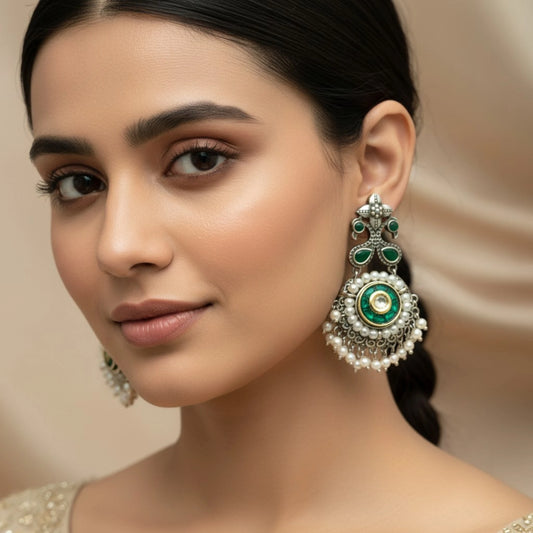 Meher pearl emerald dangler oxidized festive earrings model