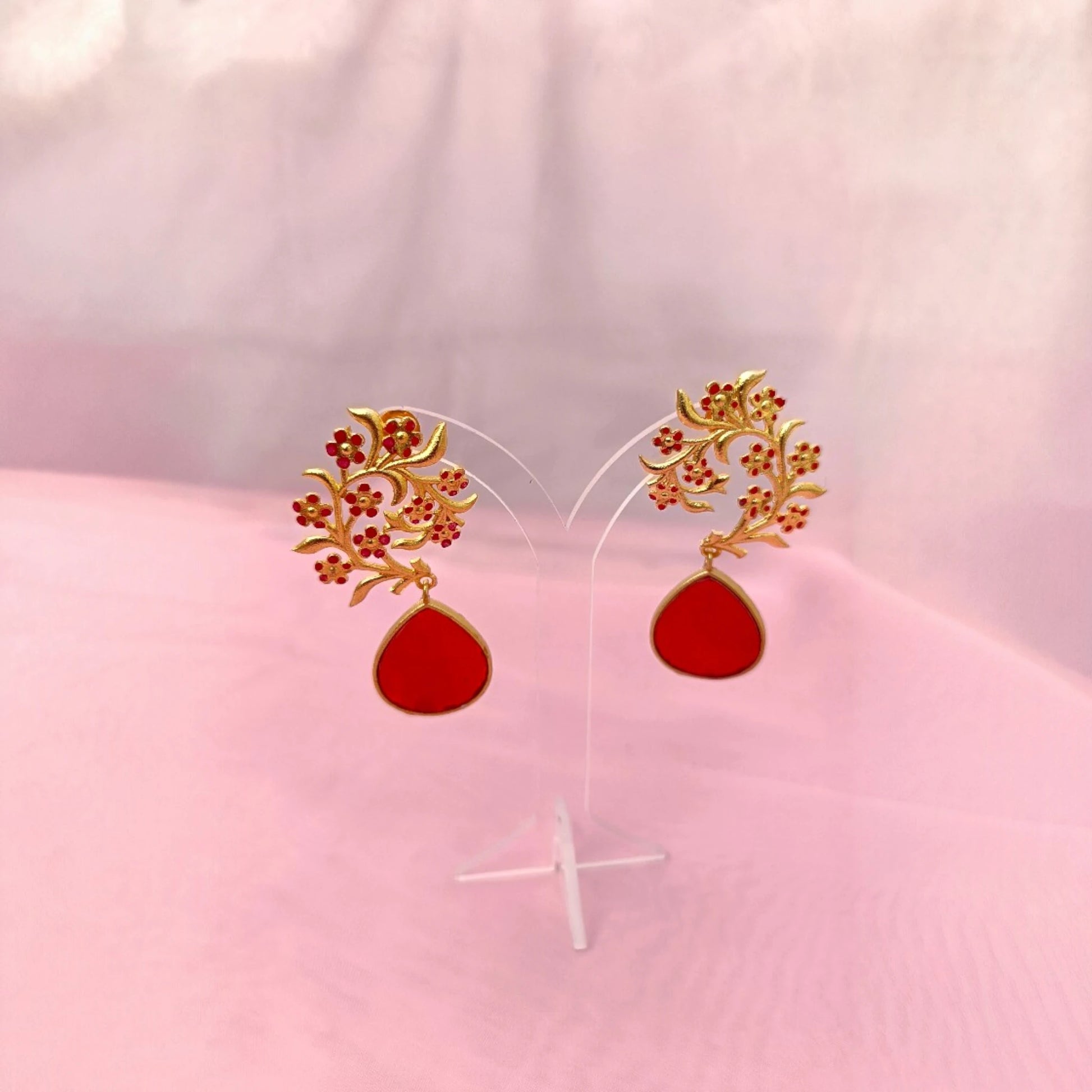 ruby red floral dangler earrings lightweight S