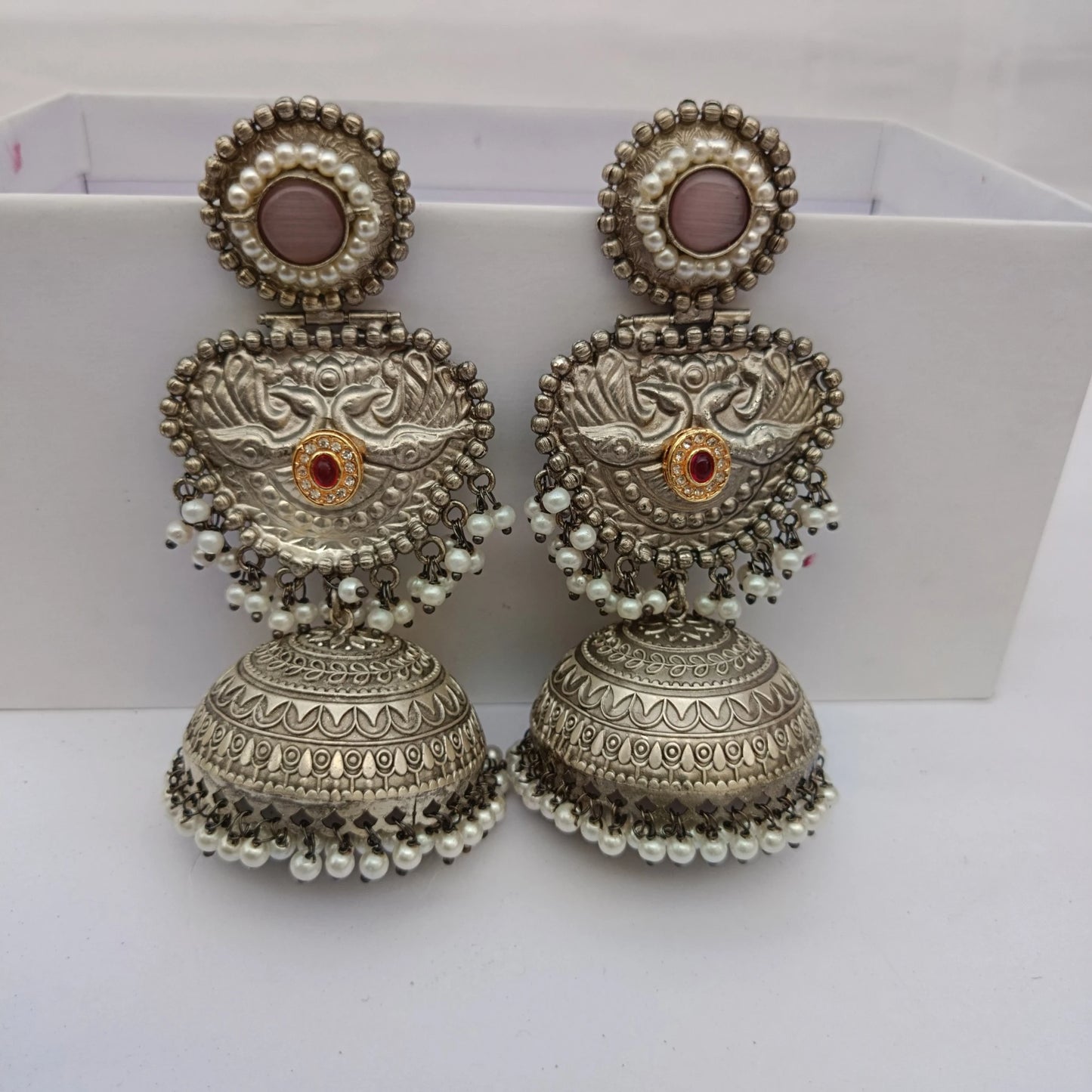 Noor Antique Silver Statement Jhumka - Meeturstyle