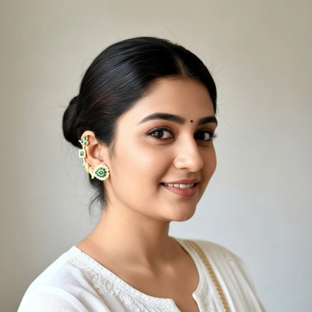 Noor Green earcuff styled with ethnic outfit