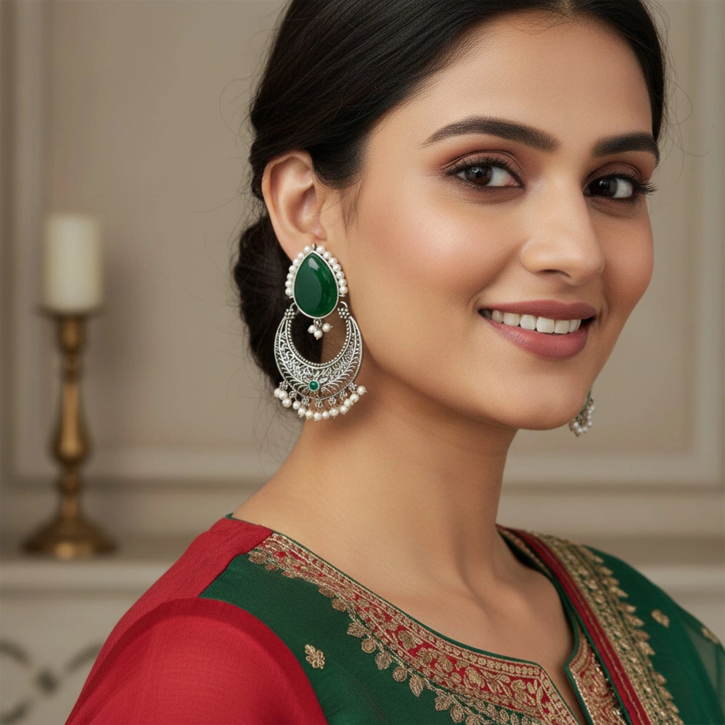 Noor emerald pearl chandbali oxidized silver earrings