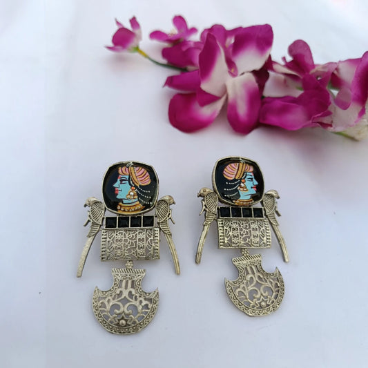 Rangrez handpainted dangler antique silver artistic earrings