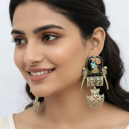 Rangrez handpainted dangler antique silver artistic earringscModel Pic
