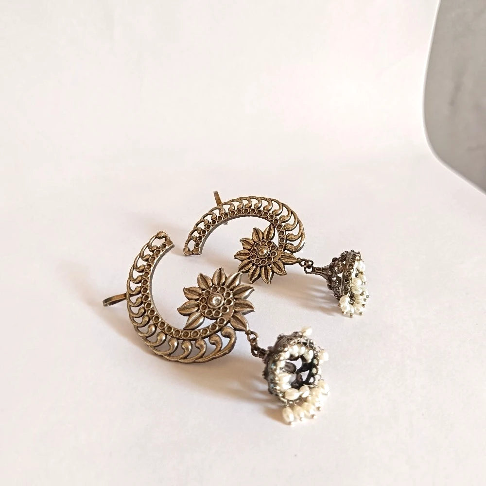 Surya floral oxidised silver jhumka earcuff