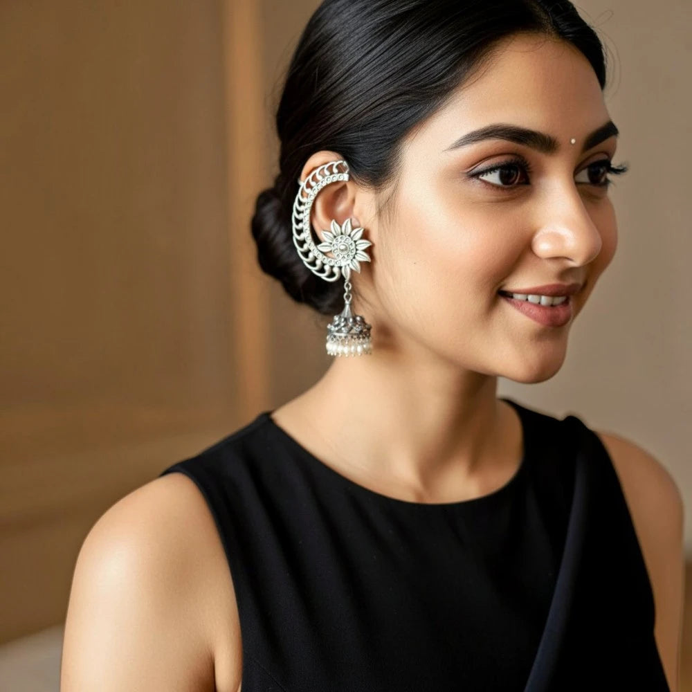 Surya oxidised silver floral jhumka earcuff on model