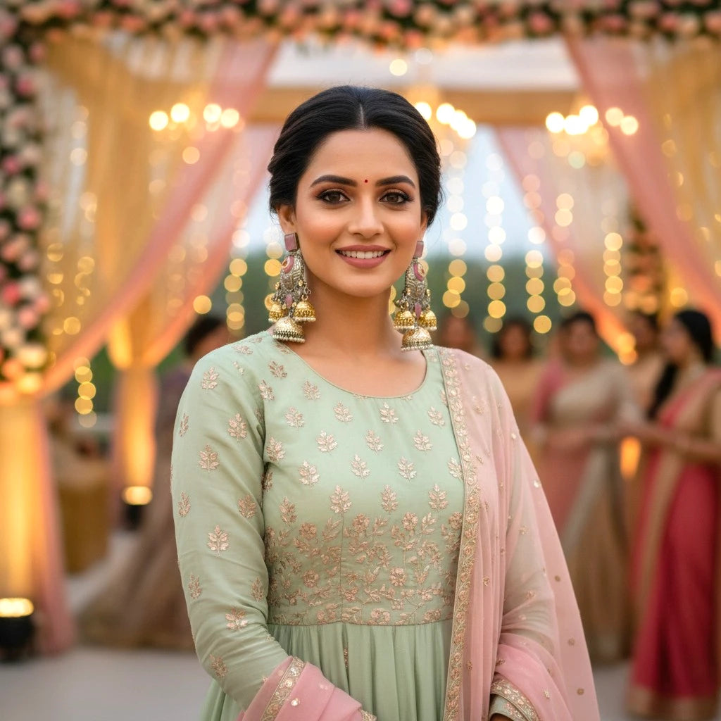 Trishika Pink Ghunghroo Jhumka  Earrings with Model | Meeturstyle