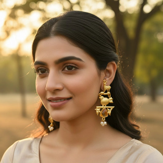 vanraj matte gold dangler lightweight fusion earrings Model Photo